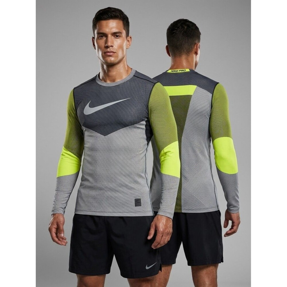 Nike Pro Mens Shirt Small Fitted Dri-FIT Long Sleeve Striped Volt Yellow Black S